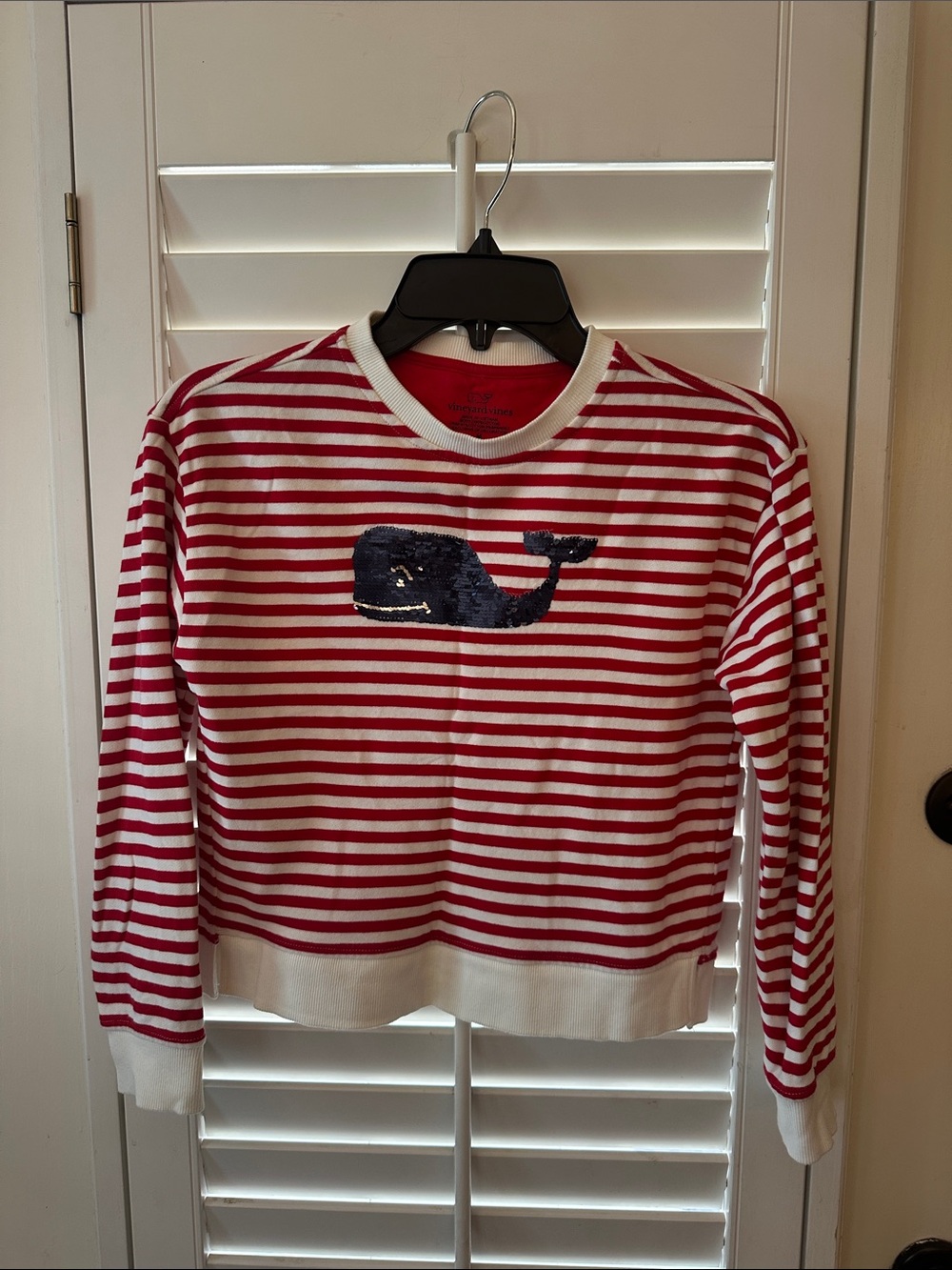 Vineyard Vines Red & White Striped Long Sleeve Tee with Navy Sequin Whale